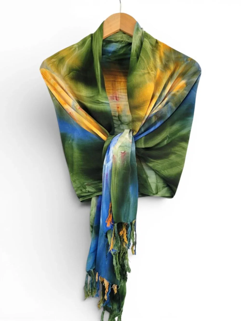 Tie Dyed Fringed Sarong Shawl - Beach Ready in Unique Blue, Green, Gold Pattern